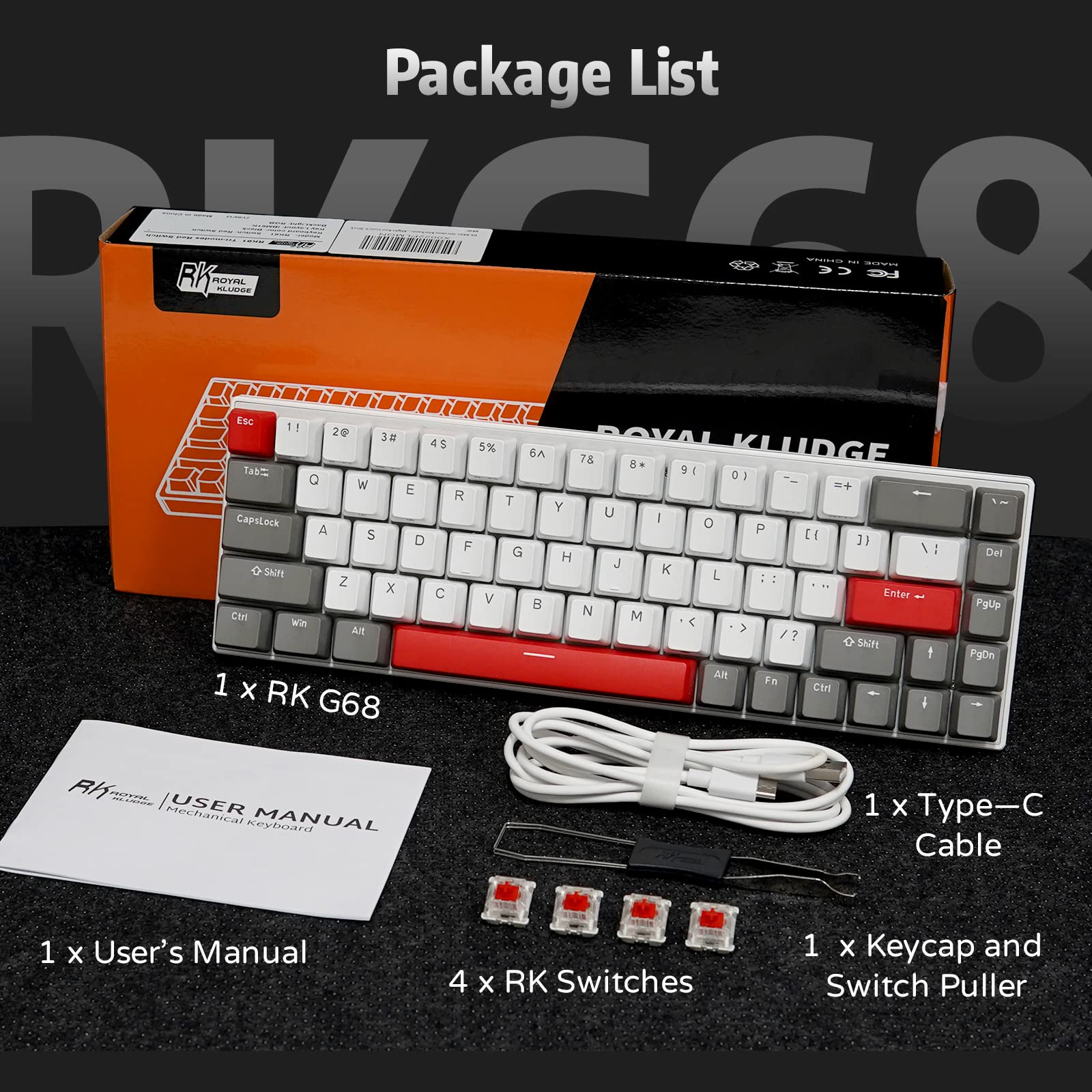 RK ROYAL KLUDGE RK G68 65% Wireless Mechanical Keyboard, Bluetooth5.1/2.4G/Wired Hot Swappable Mechanical Keyboard with 3 USB Ports, 68 Keys RGB Red Switch for Mac Windows, Classical Red