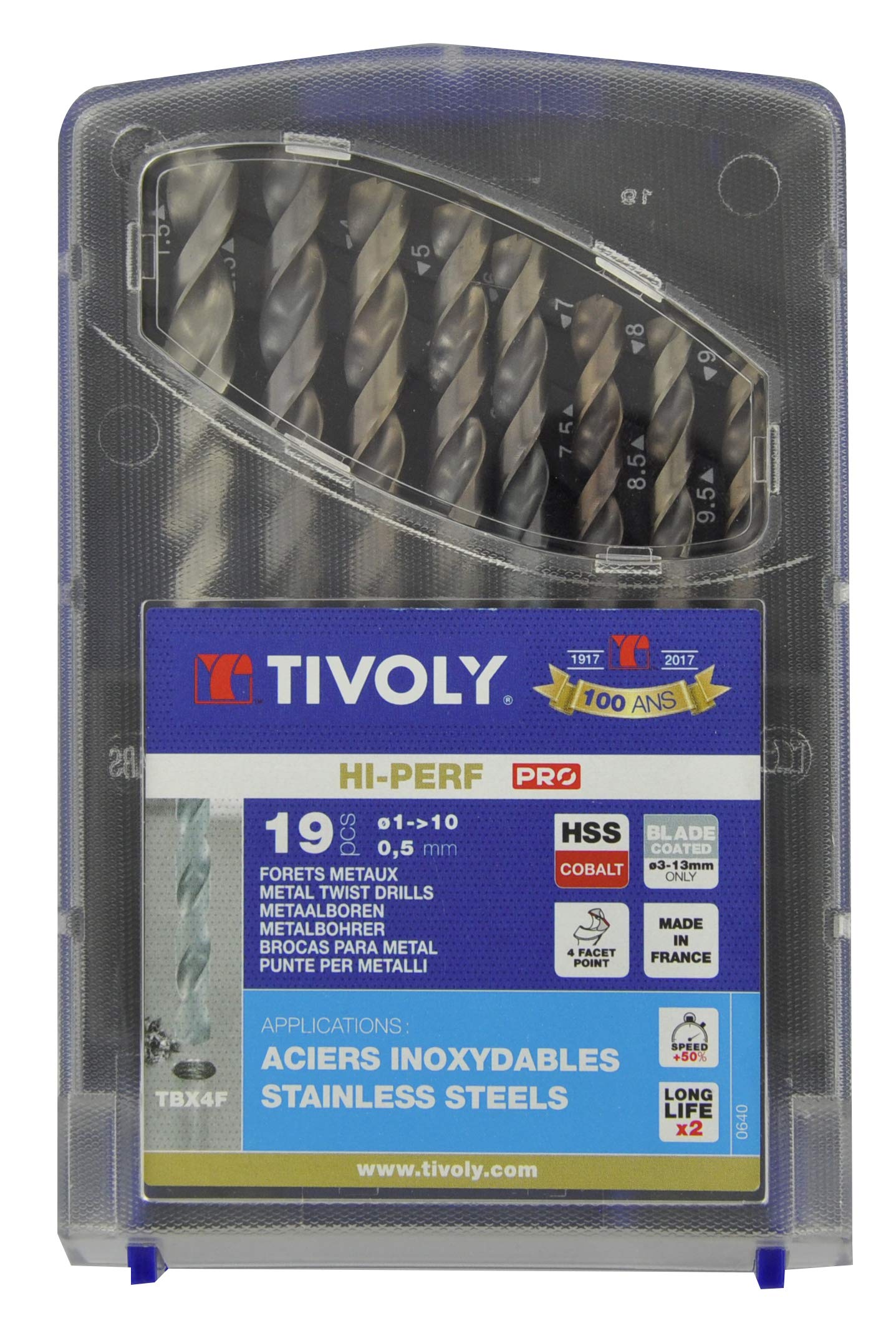 Tivoly 11456170015 E FURIUS Box of 19 Metal Drill Bits DIN 338 TBX HSS Cobalt 5% Coated Blade Diameter 1 to 10 mm