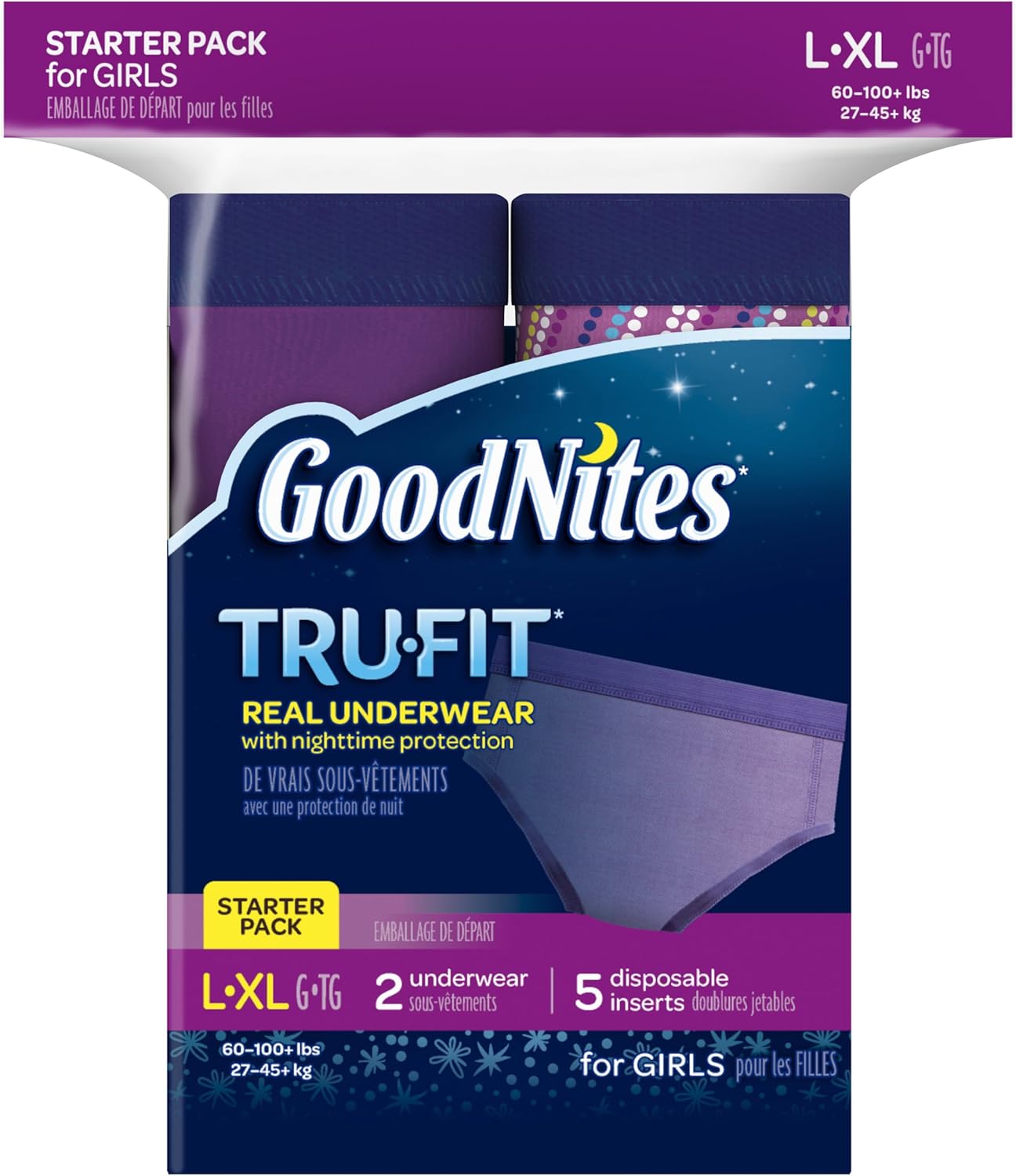 GoodNites Tru-Fit Real Underwear with Nighttime Protection Starter Pack for Girls, Size Large and Extra Large