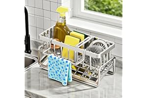 Kitchen Sink Storage Rack – Divided Stainless Steel Sink Sponge Organizer with Towel Rack, Countertop Soap Dispenser Holder, 