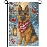 IVN Merry Christmas German Shepherd in Snow Garden Flag 12x18 Inch Double Sided Small Burlap Holiday Blue Yard Flag for Outside Winter Xmas Decor