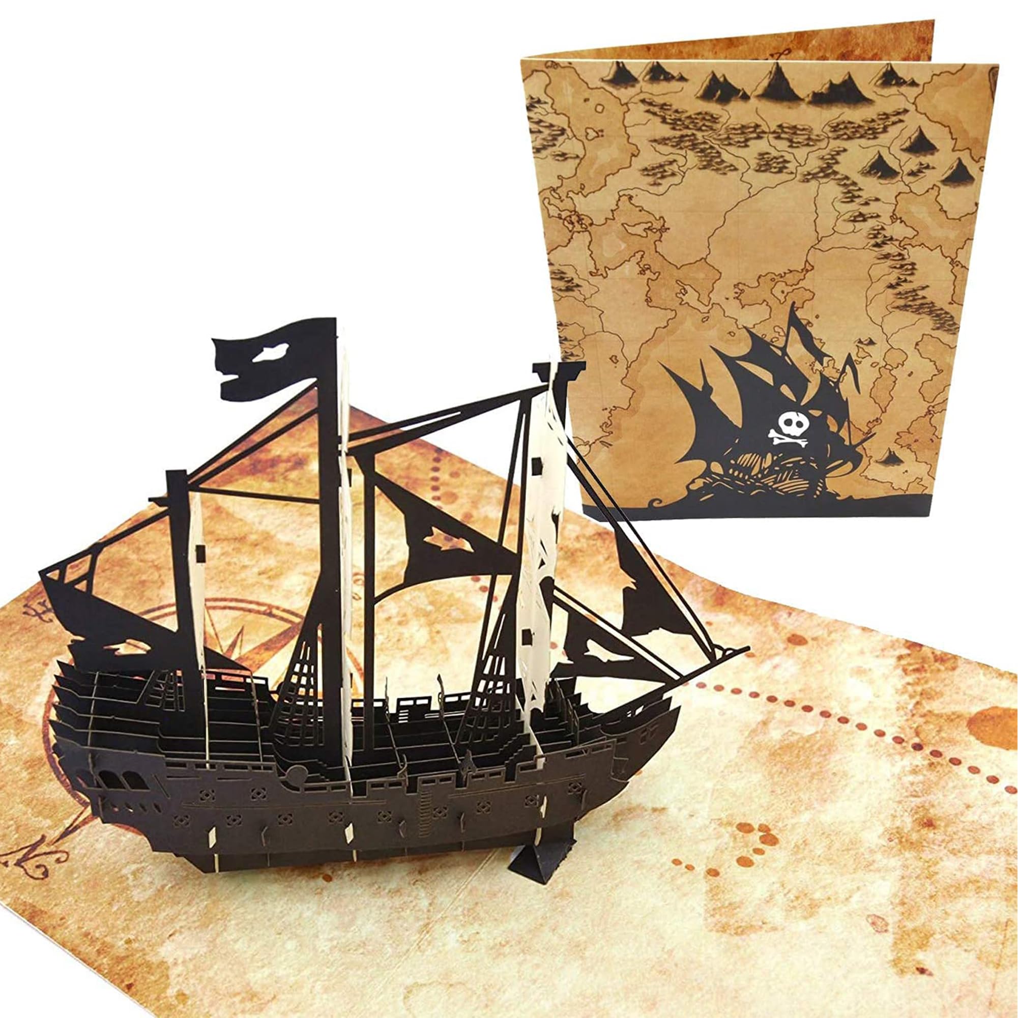 PopLife Pirate Ship & Treasure Map 3D Pop Up Card – Greeting Card for Men, Husband, Son – Birthday, Father’s Day, Graduation, Adventure Party, Nautical & Retirement Gift – Sailing Boat with Skull Flag