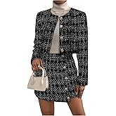 Floerns Women's 2 Piece Outfits Plaid Tweed Blazer Long Sleeve Jacket and Skirt Set