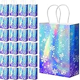 Tenceur 24 Pcs Winter Snowflake Gift Bags Blue and Purple Holographic Iridescent Bag Winter Kraft Paper Candy Treat Goodie Party Favor Bags for Holiday Birthday Party Wonderland Supplies