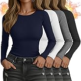 Yearntown 4 Pack Women's Ribbed Long Sleeve Shirts, Cotton Crew Neck Thermal Tops Slim Fit Undershirts Layering Tee Shirts