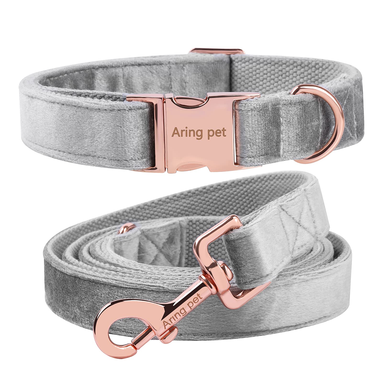 ARING PET Dog Collar and Lead Set, Grey Velvet Dog Collar and Leash with Metal Buckle, Comfortable and Adjustable Pet Collar Set for Boys&Girls Dogs, Large