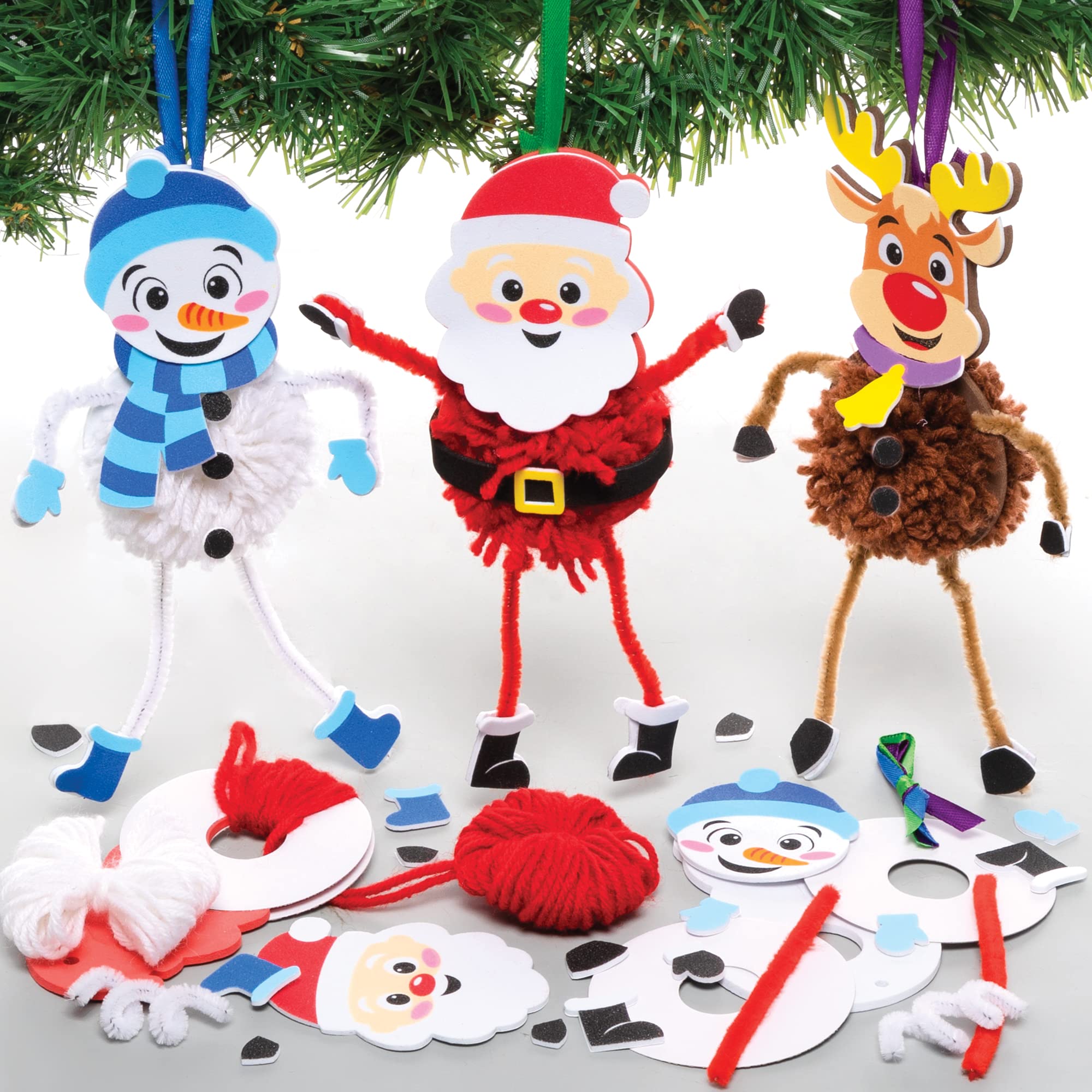Baker Ross FE987 Christmas Pom Pom Kits - Pack of 3, Christmas Crafts, Pom Pom Decorations for Children to Make, Decorate and Display, Creative Activities for Kids,Assorted, Christmas Characters