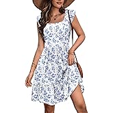 Zeagoo White Mini Dress Women Casual Ditsy Dress with Pocket Frill Floral Tiered Short Tunic Holiday Dresses Square Neck Ruffle Sleeve Sundress A Line Summer Dress White XL