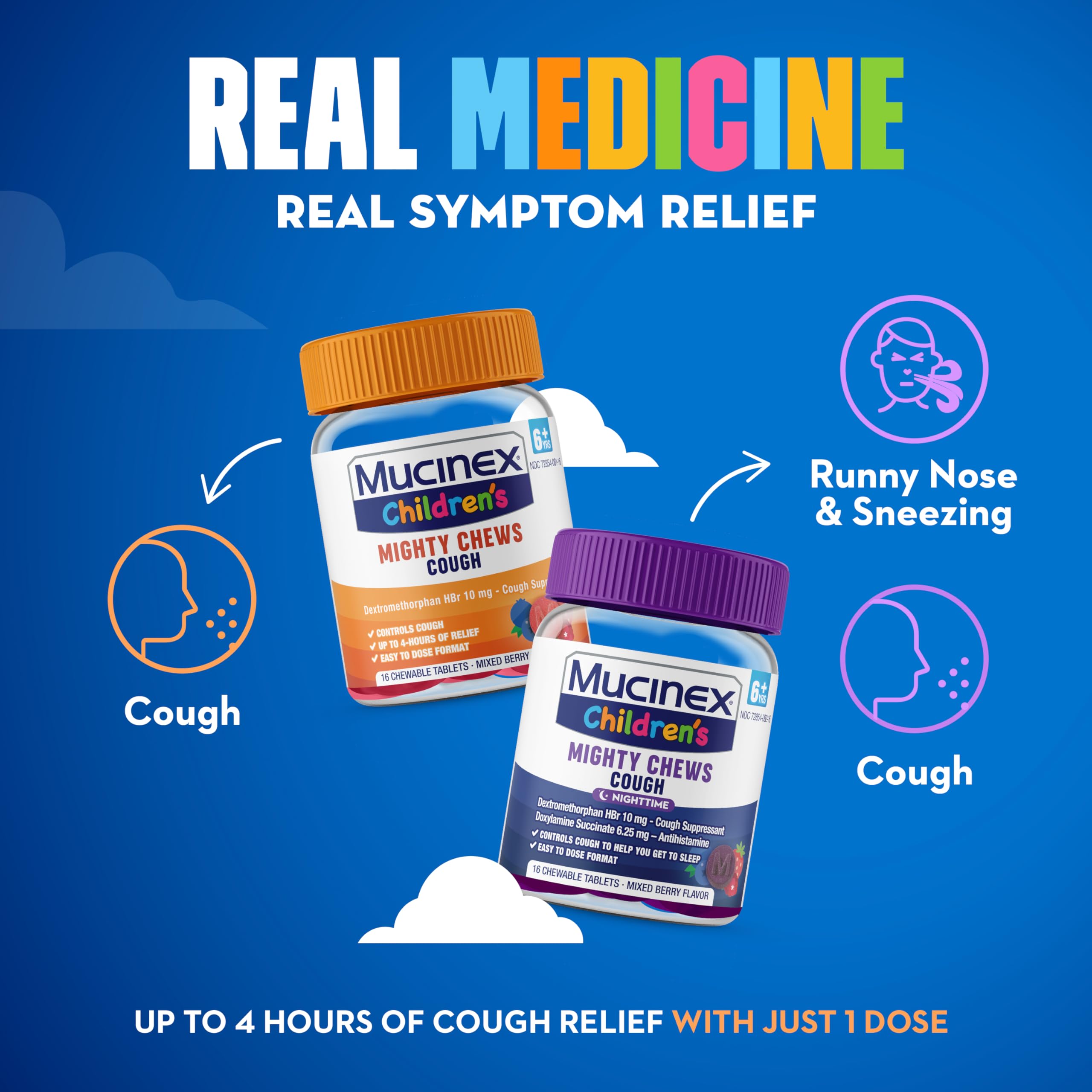 Mucinex Children's Mighty Chews Kids Cough Medicine Daytime and Nighttime Value Pack, Easy to Dose Cough Suppressant for Kids with Dextromethorphan, Mixed Berry Flavor, 32 Medicated Chewable Tablets