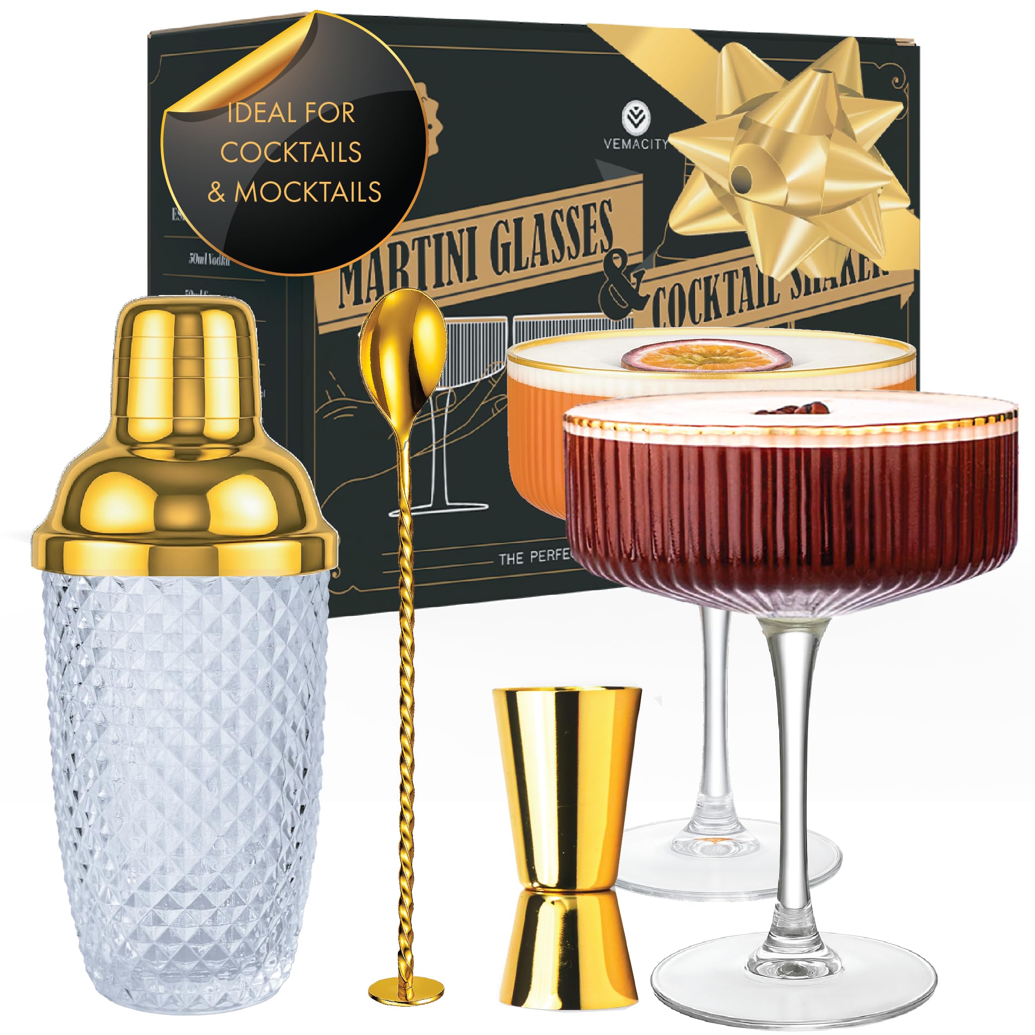Vemacity Luxury Glass Cocktail Shaker Set | 500ml Gold Shaker w/Inbuilt Strainer + Ribbed Espresso Martini Glasses Set of 2 | Gold Spoon & Jigger | Cocktail Making Kit | Ideal for Gifting