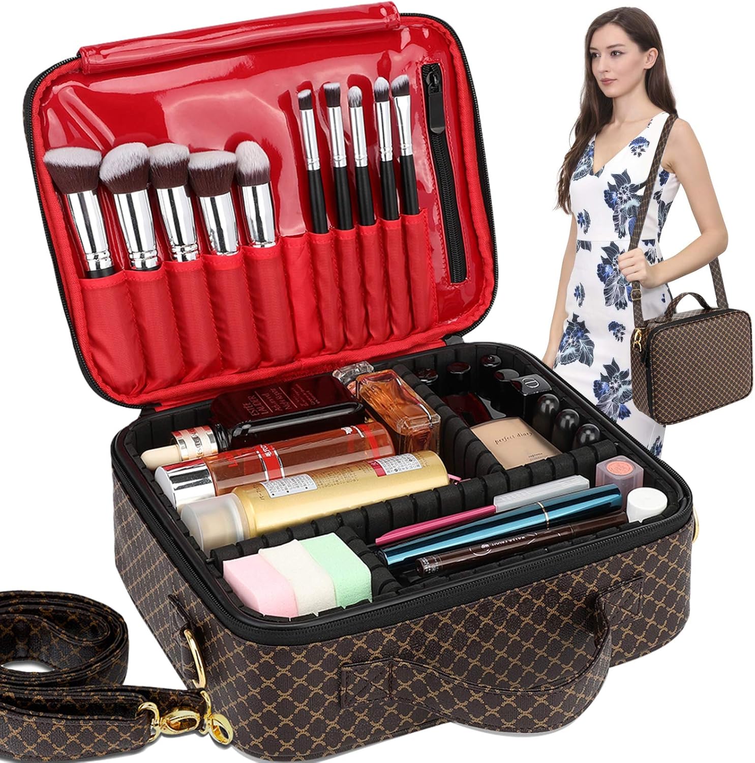 Makeup Bag Organizer Travel Case Cosmetic Large Make Up Bags Train Toiletry PU Leather Portable Waterproof With Adjustable Dividers for Women Girls (Brown)