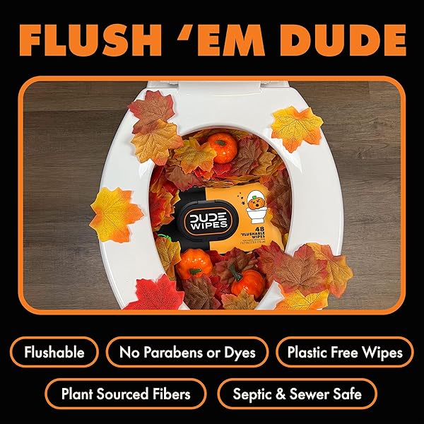 DUDE WIPES DUMPKIN SPICE FLUSHABLE WIPES – PUMPKIN SPICE SCENTED EXTRA-LARGE ADULT WET WIPES – 3 PACK (144 COUNT) – INFUSED WITH CLOVE, NUTMEG, VITAMIN E, AND ALOE – SEPTIC AND SEWER SAFE