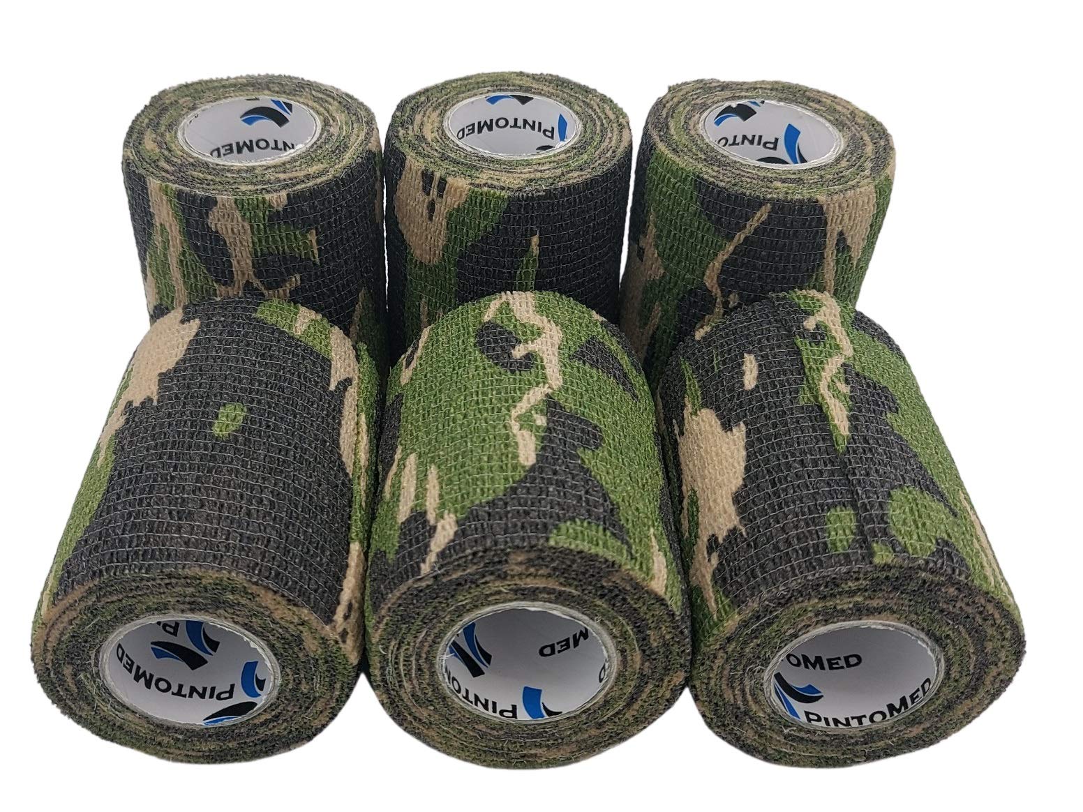 PintoMed - Cohesive Bandage Tape - Camoflaged Green Army Stretched 6 Rolls x 7.5cm x 4.5m Self-Adhesive Flexible Bandages, Professional Quality, First Aid Sports Wrap Bandages.