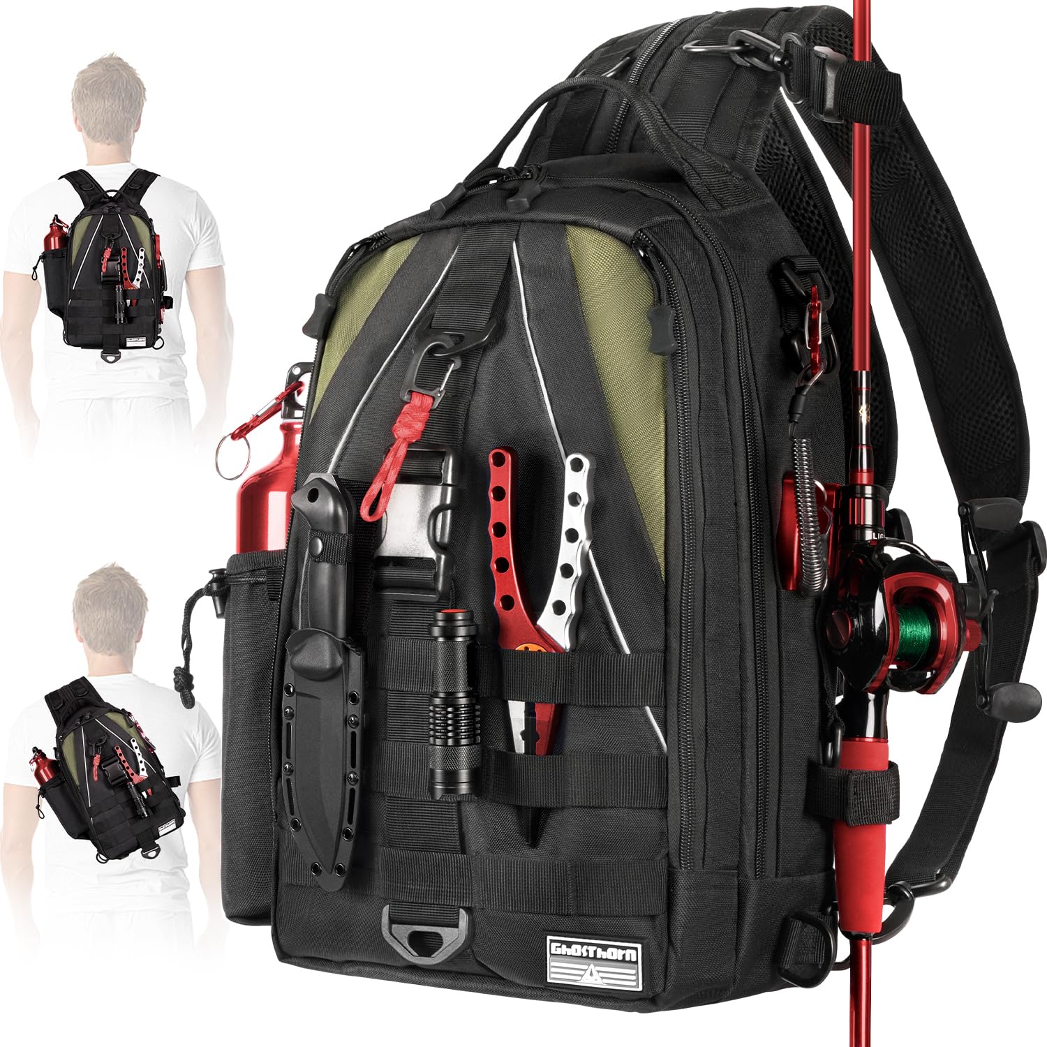 Photo 1 of Ghosthorn Fishing Backpack Tackle Sling Bag-Backpack with Rod Holder- Lightweight Tackle Box Fly Fishing Gifts for Men Women (B.Black)