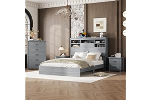 XD Designs Farmhouse 4-Pieces Bedroom Sets, Queen Size Platform Bed with 2 Nightstands and Storage, Vintage Wooden Platform Bed Frame with Storage Headboard and Charging Station (Light Gray-FC)