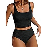 ZAFUL Womens Tankini Swimsuits Two Piece Tummy Control Bathing Suits Textured Tankini Swim Top with High Waisted Bottom