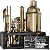 Brushed Brass Mixology Kit - 15 Piece Bar Tool Set, Silver Bar Set Cocktail Shaker Set for Drink Mixing - Includes Martini Shaker, Jigger, Strainer, Bar Mixer Spoon, Tongs, Opener | Gift Idea
