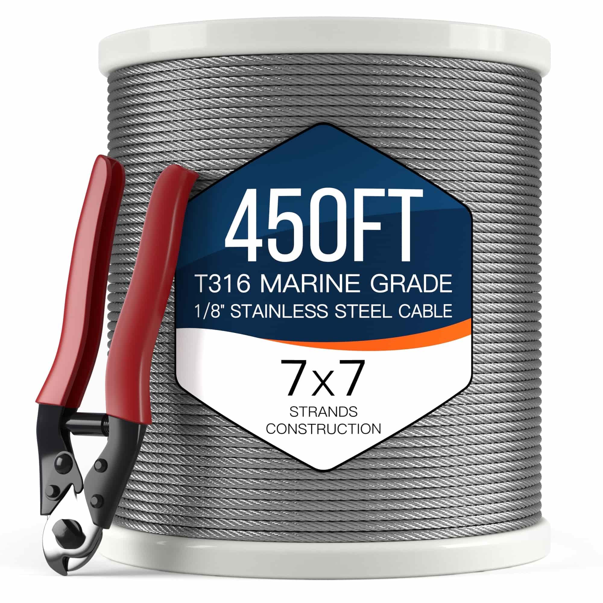 NUTYPE 1/8" T316 Stainless Steel Cable, Aircraft Cable for Deck Railing, 7x7 Strand Core, 450FT, Come with Cutter