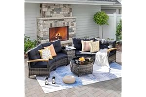 MEISSALIVVE 6 Piece Outdoor Patio Furniture Set, Half-Moon Curved Sectional Set with Wood Armrests, Patio Conversation Set, Tempered Glass Coffee & Side Tables (Grey)