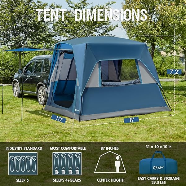 PORTAL 5-PERSON SUV TENT WITH PORCH, 2-IN-1 CAR CAMPING TENT, WATER-RESISTANT & WINDPROOF, TRUNK TENT WITH 2 DOORS FOR TRAVEL & OUTDOOR ADVENTURES