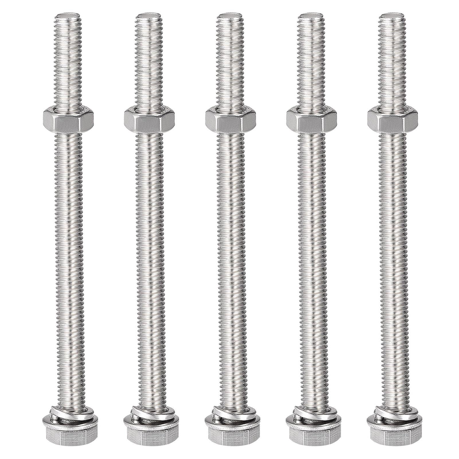 TOP-VIGOR 5Pcs M8 x 110mm Hex Head Screws Bolts, Nuts, Flat & Lock Washers Kits, 304 Stainless Steel Fully Thread Hexagon Bolts for DIY Bike Motorcycles Repair