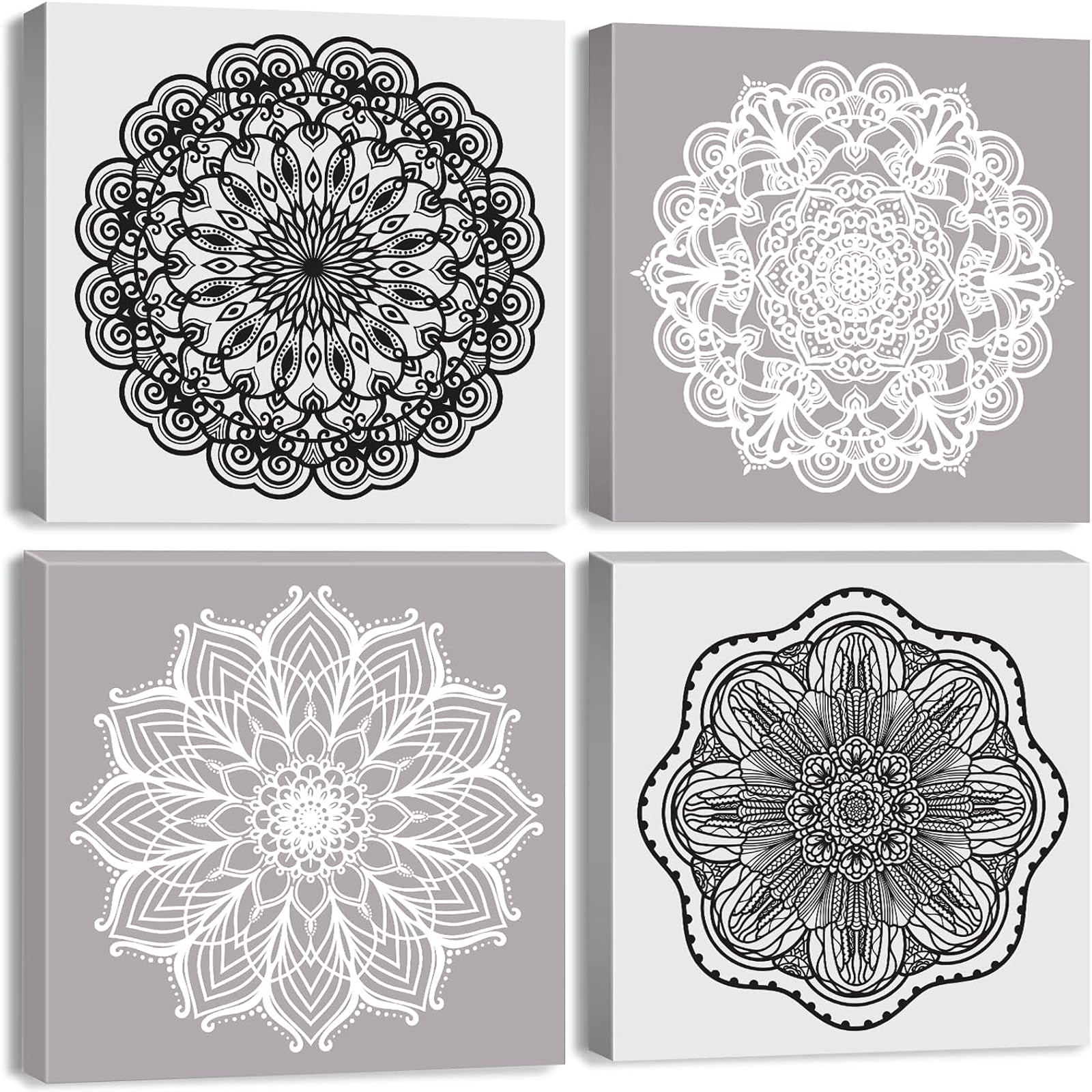 Grey Mandala Wall Art Boho Wall Decor for Bedroom Abstract Bohemian Flowers Hanging Pictures Minimalist Floral Painting Canvas Prints Modern Poster Framed Artwork Living Room Decorations 12x12"4 Pcs — image 1