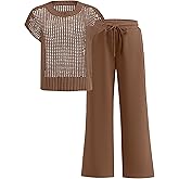 ANRABESS Women Two Piece Outfits Crochet Sheer Knit Sweater Top Wide Leg Pants Lounge Matching Sets Sweatsuit Travel Clothes