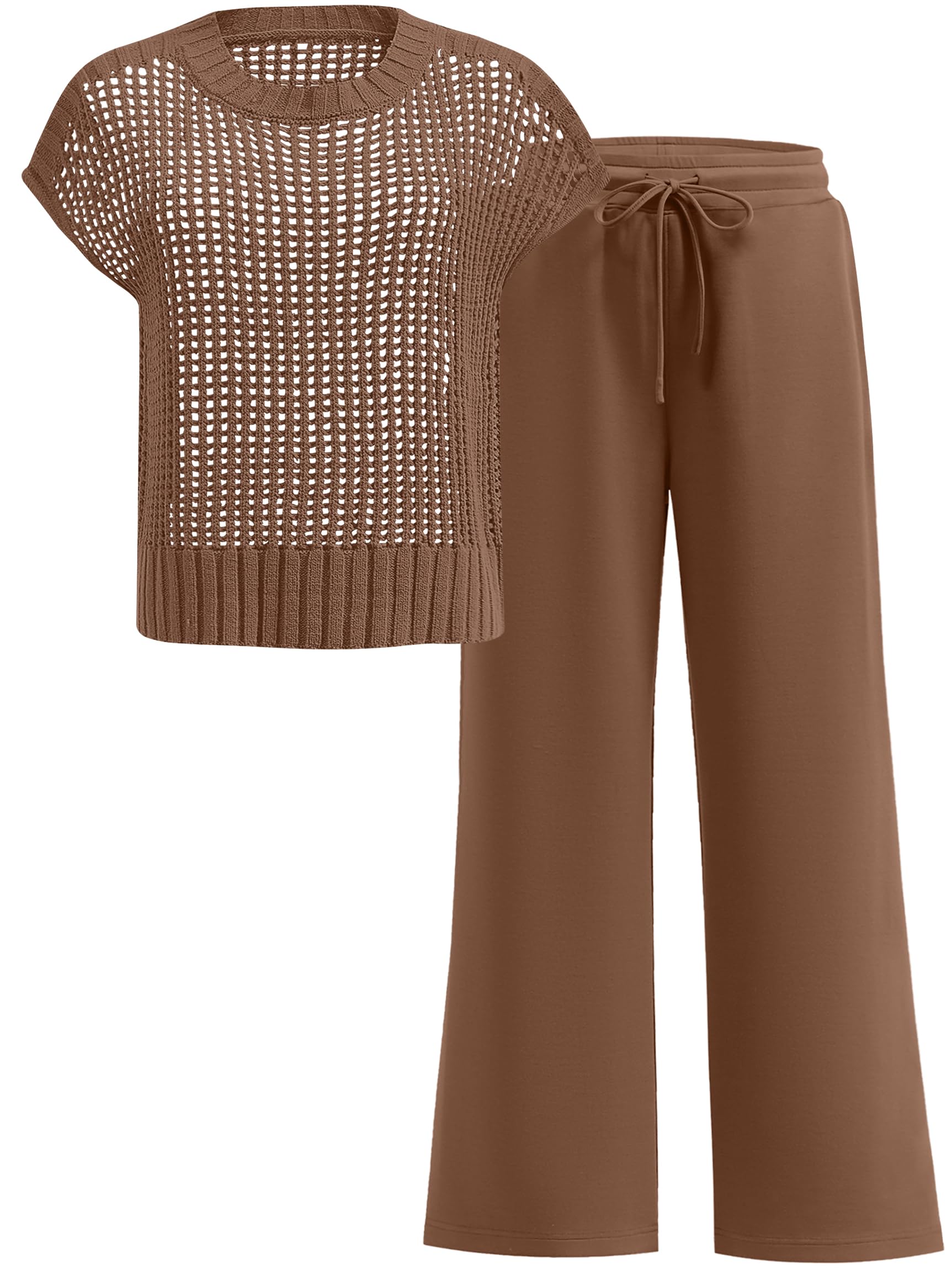 Photo 1 of *Shirt only* ANRABESS Women Two Piece Outfits Crochet Sheer Knit Sweater Top Wide Leg Pants Lounge Matching Sets Sweatsuit Travel Clothes Brown Medium