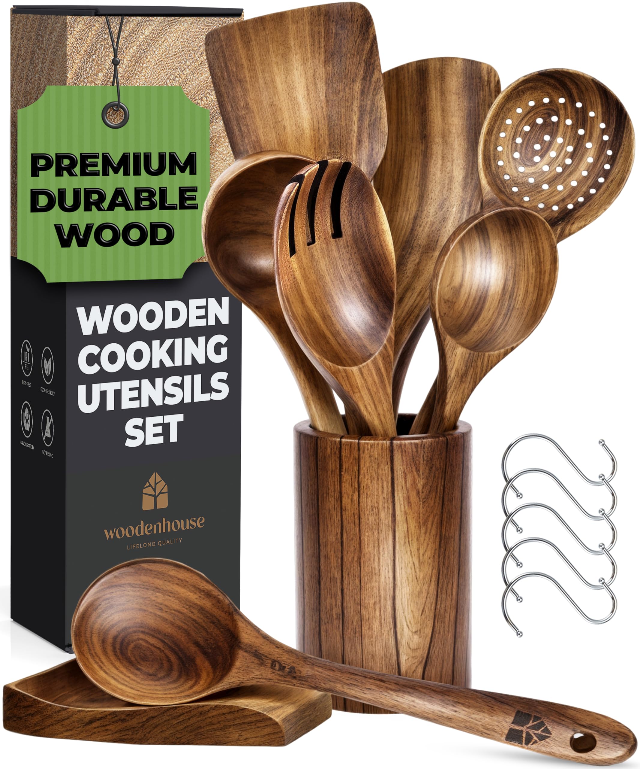 Photo 1 of (used)(incomplete) Teak Wooden Utensil Set with Spoon Rest & Hooks - Durable Wooden Spoons for Cooking