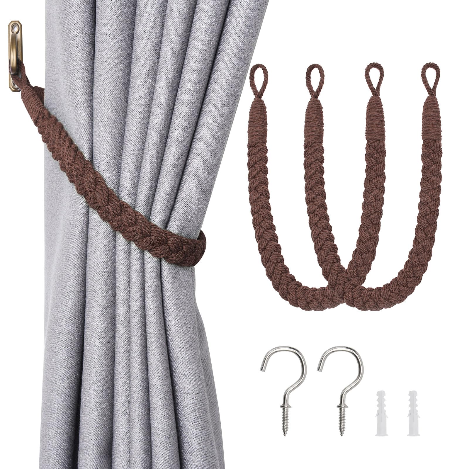 Pretty Jolly 2 Pack Natural Cotton Rope Curtain Tiebacks Elegant Boho Style Decorative Drape Tie Backs Soft Hand-Woven Rope Curtain Holdbacks with Metal Hook for Home & Office Drapery (Coffee) — image 1