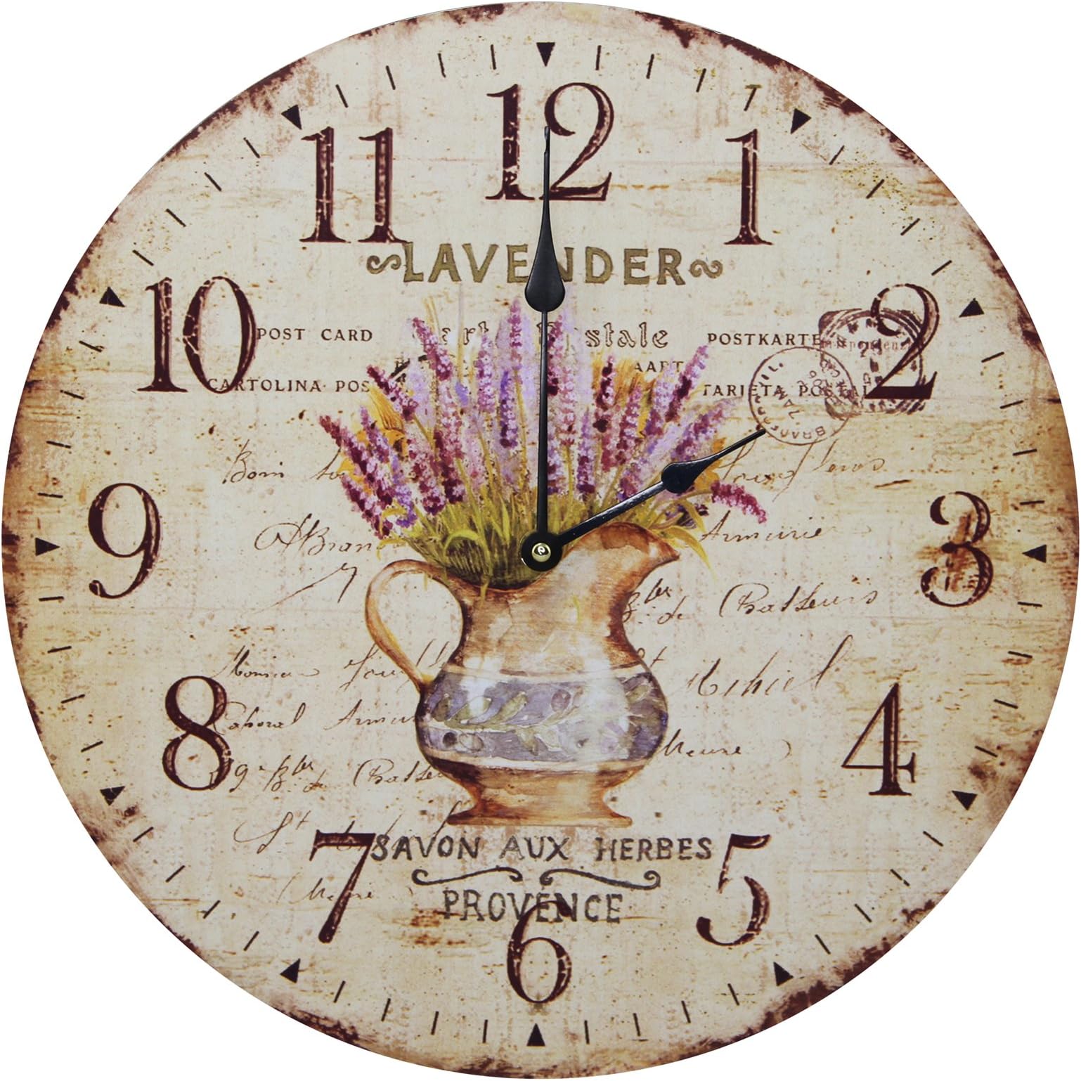 13" Wall Clock with Lavender Flower French Post Card Rustic Prints
