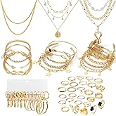 17IF 38-59 Pcs(9-8 Pack) Gold Plated Jewelry Set for Women With 8 Necklace 12 Bracelet 27 Ring 12 Pair Earring Hoop Simple Sparkle for Happy