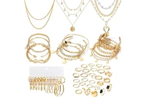 17IF 38-59 Pcs(9-8 Pack) Gold Plated Jewelry Set for Women With 8 Necklace 12 Bracelet 27 Ring 12 Pair Earring Hoop Simple Sparkle for Happy