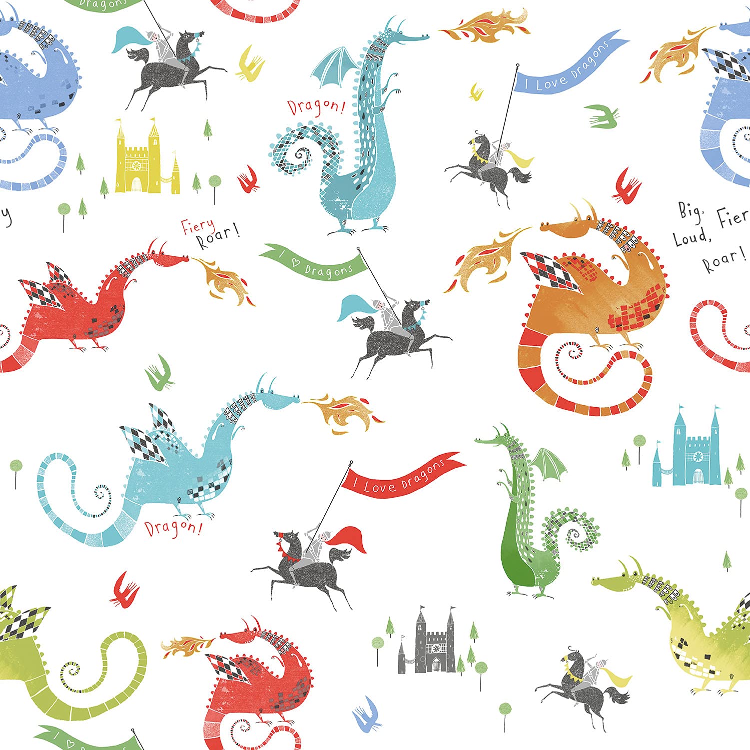 Galerie G78368 Tiny Tots 2 Dragons Wallpaper, Primary Colours, 10m x 53cm