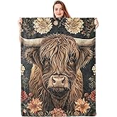 Txdevn Highland Cow Floral Fleece Blanket Gifts for Kids Girls, Rustic Farm Animal Throw Blankets for Women Adults, Cozy Lightweight for Couch Bed Room Home Decor, 50x60 in