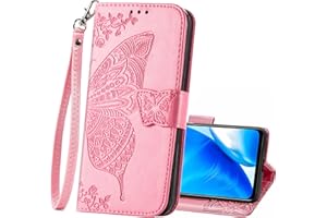 HAOTP Oneplus Nord N200 Case,1+ Nord N200 PU Leather Wallet Flip Protective Phone Case with Wrist Strap Card Slots Holder Pocket Emboss Butterfly Flower Stand Case for Oneplus Nord N200 Pink