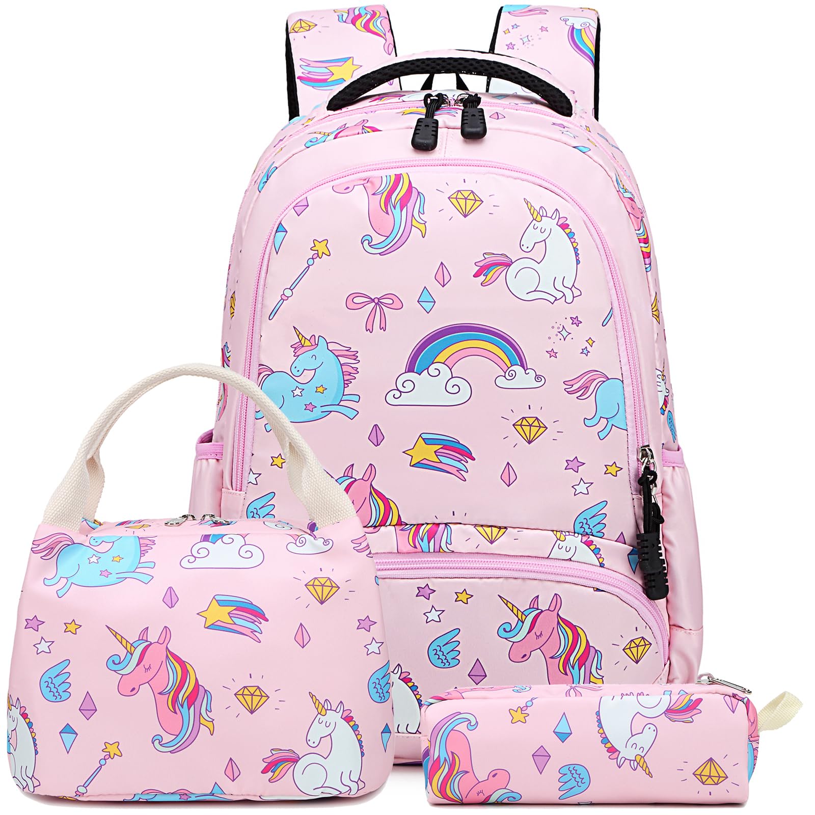 A AM SeaBlue Girls Backpack for Primary School Bag Bookbag Unicorn Backpack with Lunch Bag and Pencil Case Water Resistant 3 in 1 Student Rucksack Lightweight Kids Travel Daypack Pink