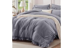 Newspin Ruffle Queen Comforter Set, 7 Pieces Queen Bed in a Bag Grey, Vintage Solid Shabby Chic Bed Set, Lightweight for All Season Bedding Comforter Sets with Comforter, Sheets, Pillowcases & Shams