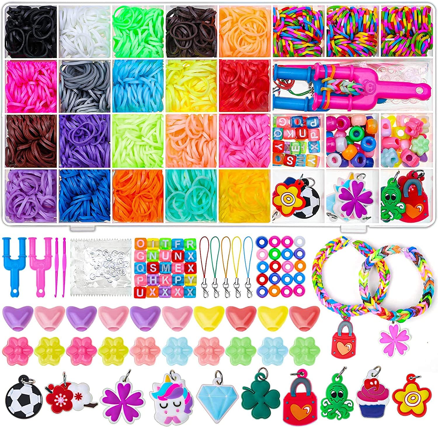 Modacraft Loom Rubber Bands, 2000+ Loom Bands for DIY Refill Bracelet Making Kits with Beads Charms S-Clips, Crochet Hooks in Storage Case for Party, Chritmas Birthday Gift