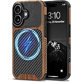 TENDLIN Magnetic Case Compatible with iPhone 17 Case Wood Grain with Carbon Fiber Texture Design Leather Hybrid Slim Cover (Compatible with MagSafe) Black