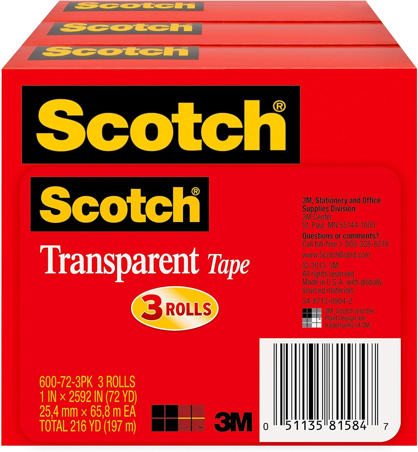 Scotch Transparent Tape, 1 x 2592 Inches, 3 Rolls, Boxed (600723PK