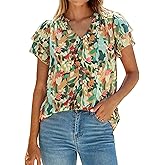 Simplee Women Dressy Casual Blouses Summer Chiffon Floral V Neck Boho Ruffle Short Sleeve Work Business Loose Tops Shirt