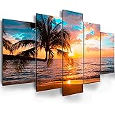 EPHANY Abstract beach canvas wall art Landscape Art - 5 Pieces Canvas Wall Art, Beach Decor Canvas Wall Art, Sunset On Ocean, ocean beach picture, nature landscape (C-5pcs,40"x20")