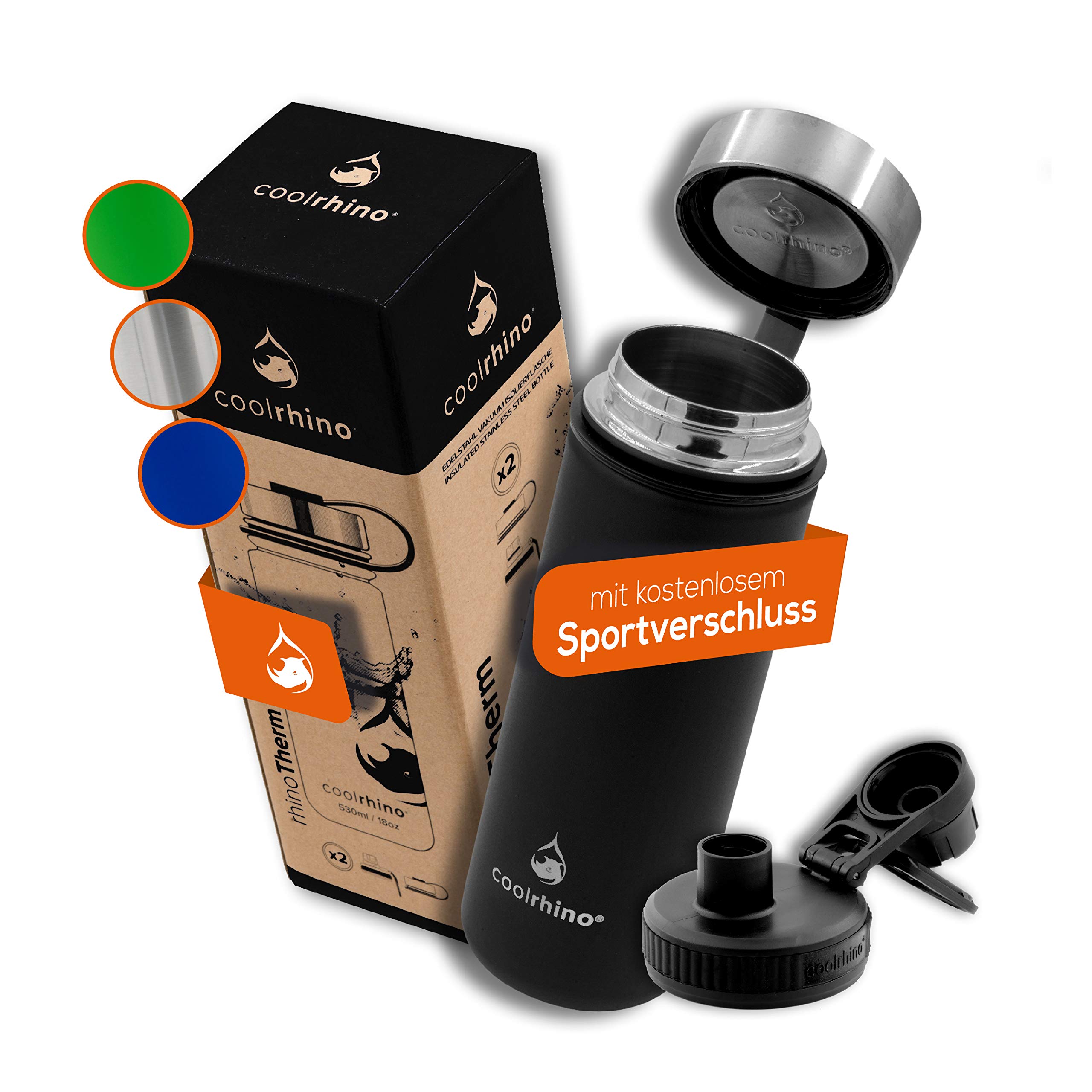 coolrhino Stainless Steel Water Bottle - 500ml, 1L - Metal Thermos Flask Insulated Vacuum Drinking Bottle - Double Walled, Leak-Proof for Cold & hot Drinks + Free Sports-Cap