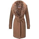 Bellivera Women Faux Leather Trench Coat Fleece-Lined Mid-length Jacket with Detachable Fur Collar