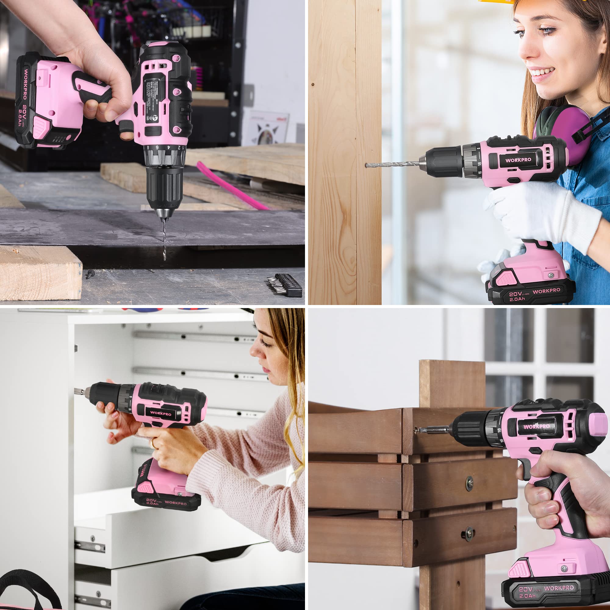 WORKPRO Pink Household Tool Kit with Drill, 157PCS Tool Set with 20V Cordless Lithium-ion Drill Driver, Home Tool Kit for All Purpose, Power Drill Sets with Pink Tool Bag - Pink Ribbon