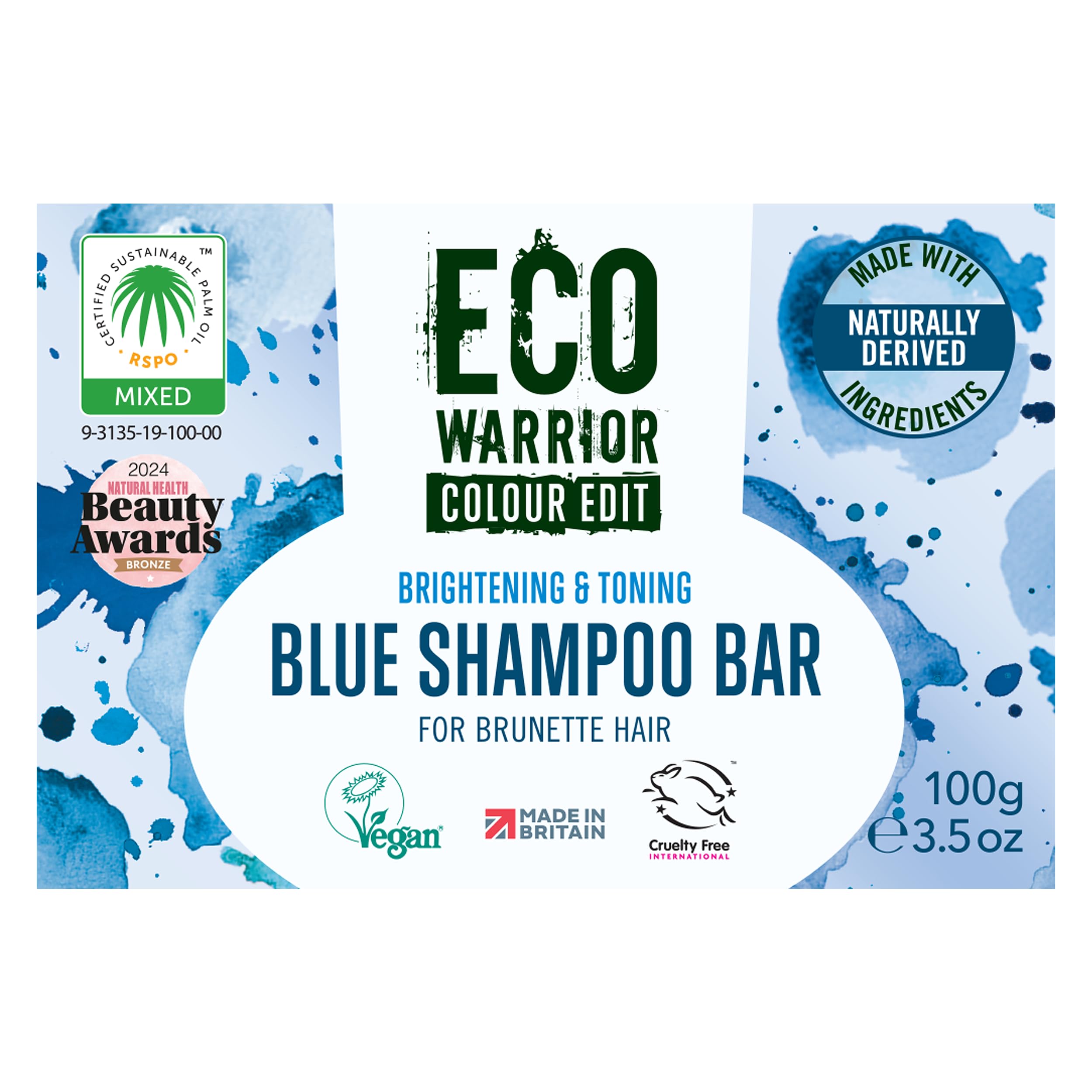 Eco Warrior Blue Shampoo Bar for Brunette Hair, 100g | Vegan, Cruelty-Free, Natural, eco friendly| Free from SLS or Parabens | Brightening & Toning bar shampoo with Squalane, Shea Butter & Bergamot — image 1