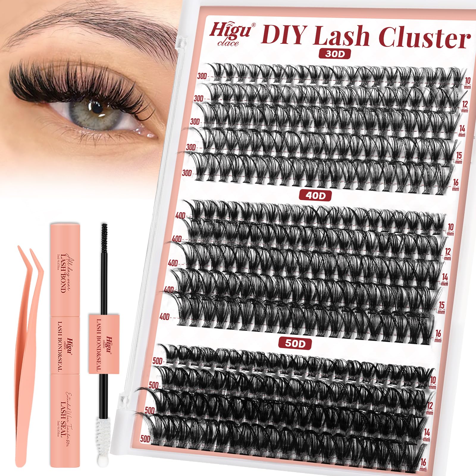 Cluster-Lashes Kit 30D+40D+50D, Higu clace Eyelashes Individual Mix 10-16mm, Reusable DIY Lash Extensions Kit With Bond and Seal and Applicator at Home(30D+40D+50D Mix10-16) — image 1