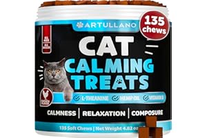 ARTULLANO Hemp Cat Calming Treats - Cat Anxiety Relief - Storm Anxiety, Сomposure, Grooming, Separation, Travel - Calming Aid for Cats with Hemp Oil, L-Theanine - Cat Melatonin - Made in USA - 135 Soft Chews