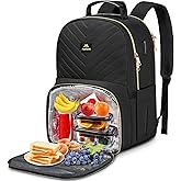 MATEIN Work Backpack with Lunch Compartment, Insulated Quilted Lunch Backpack for Women, Water Resistant Lunchbox Back Pack for Nurse, 15.6 Inch Teacher Work Bag for Office Business Commuting, Black